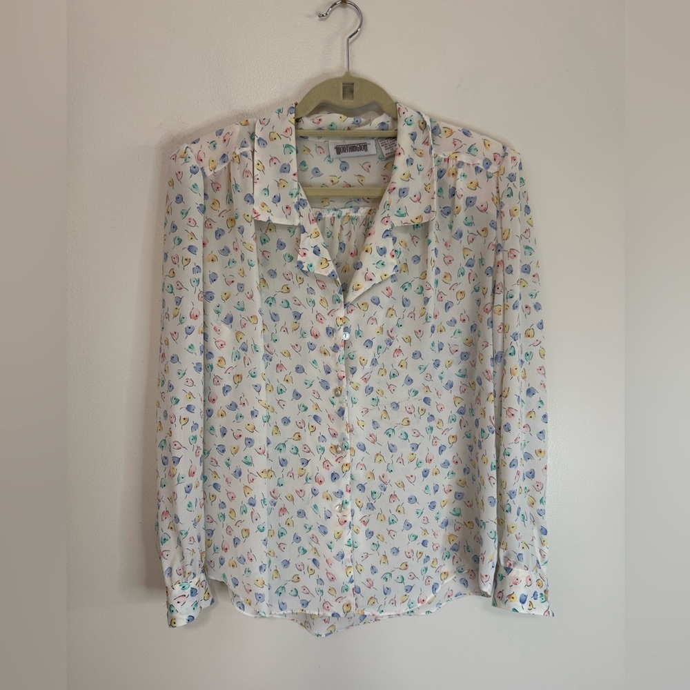 Worthington White Button-Up Blouse with Multicolor pastel tulip Motif size 12